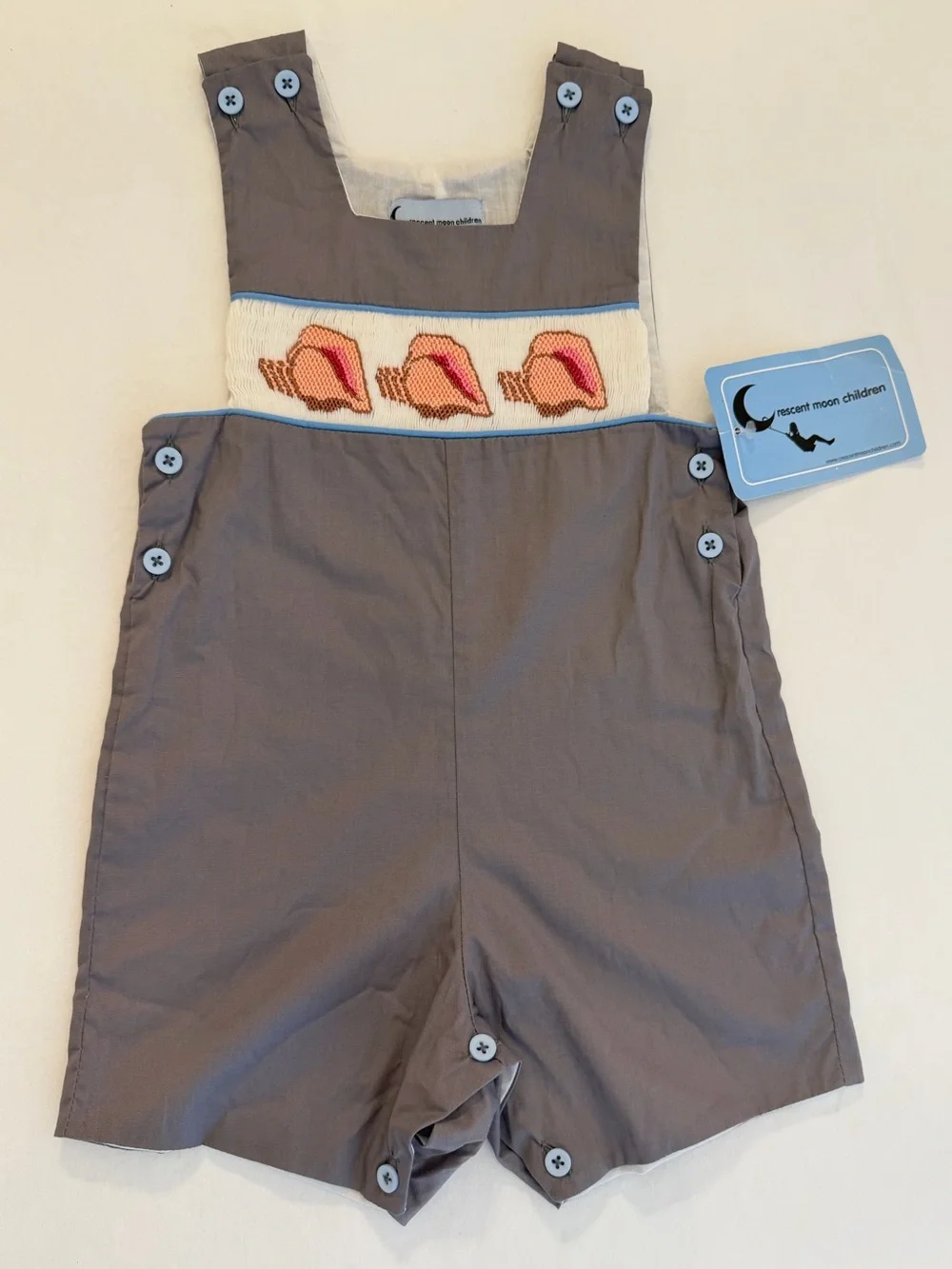 Crescent Moon Boys Gray Smocked Jon Jon Shortall w/ Stitched Conch Shells 18M